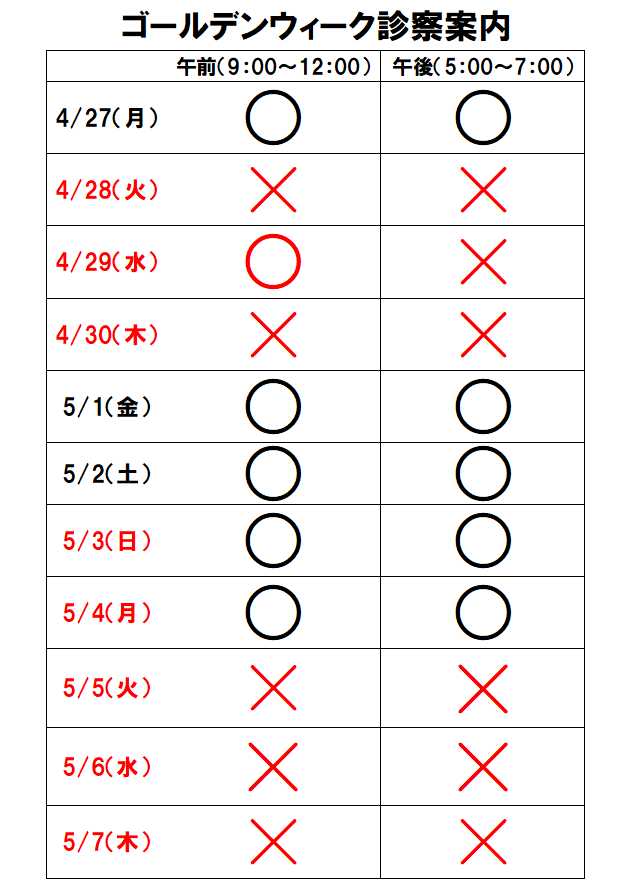 ゴールデンウィーク診察案内